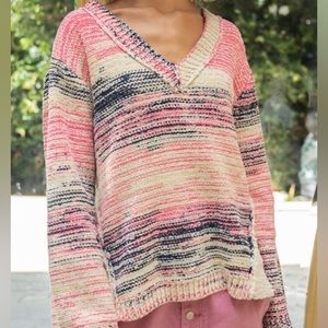 POL Multicolor Striped V-Neck Sweater in Pink, Cream & Navy